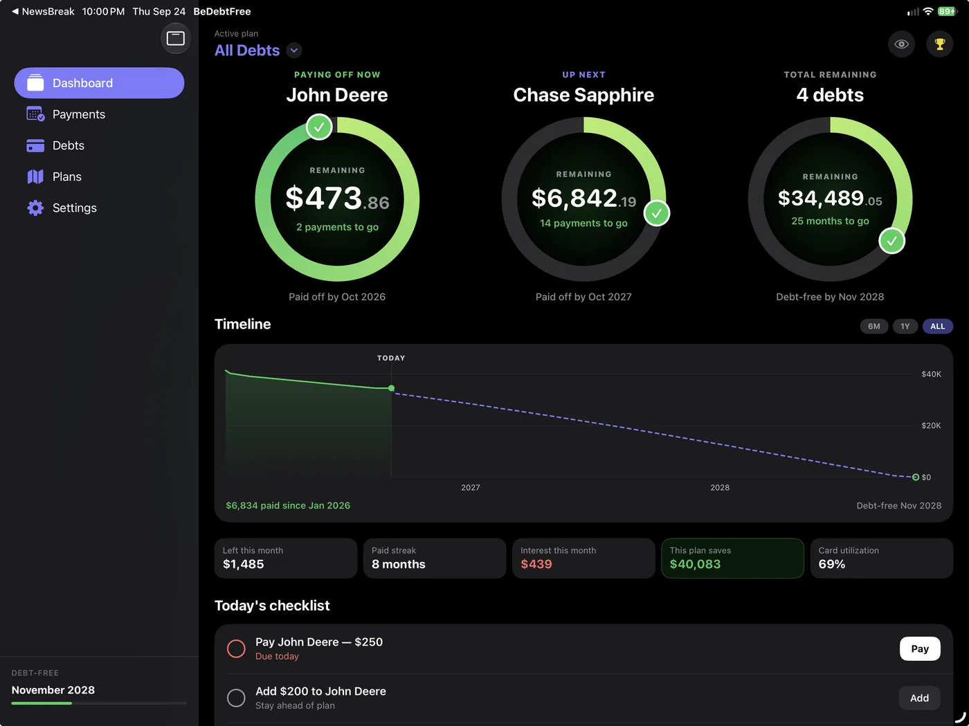 BeDebtFree on iPad: the sidebar beside a dashboard with three progress rings for the current debt, the next debt and the total remaining