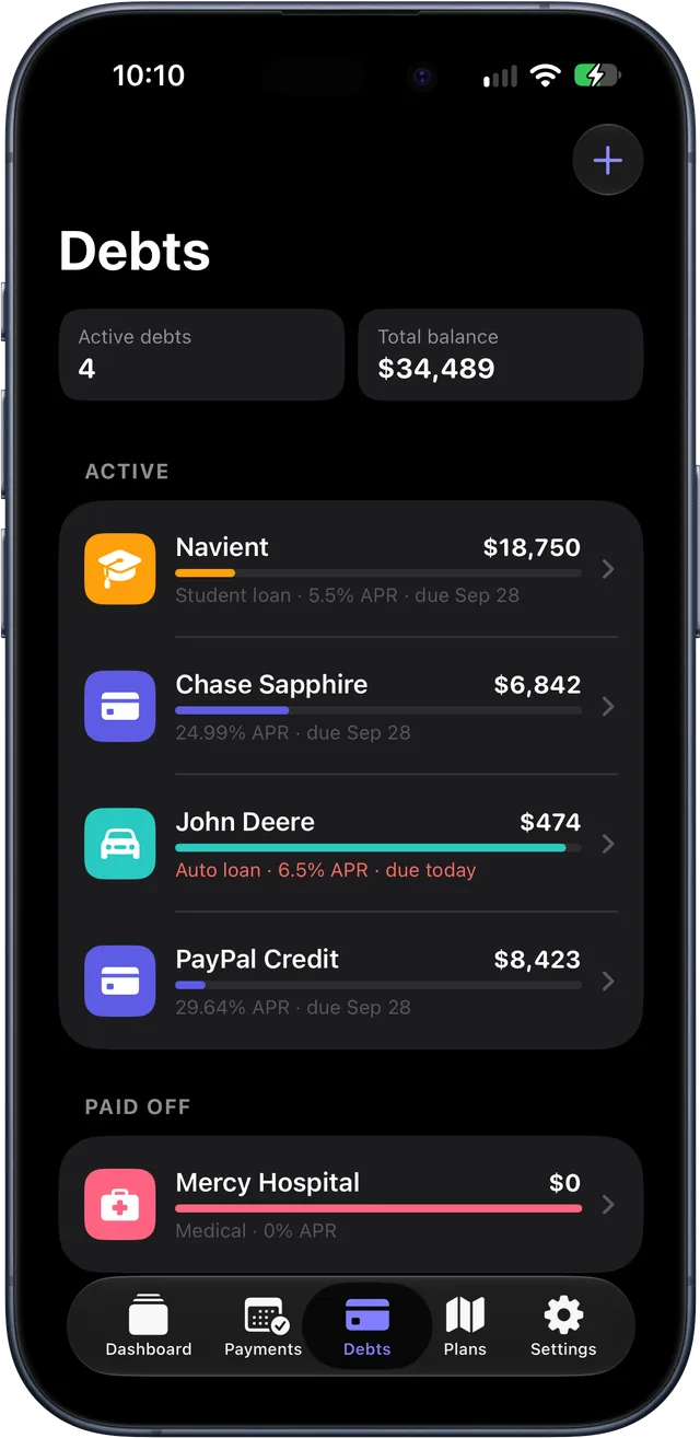Debts list showing four active debts totalling $34,489, each with its balance, APR and due date, and one paid-off debt