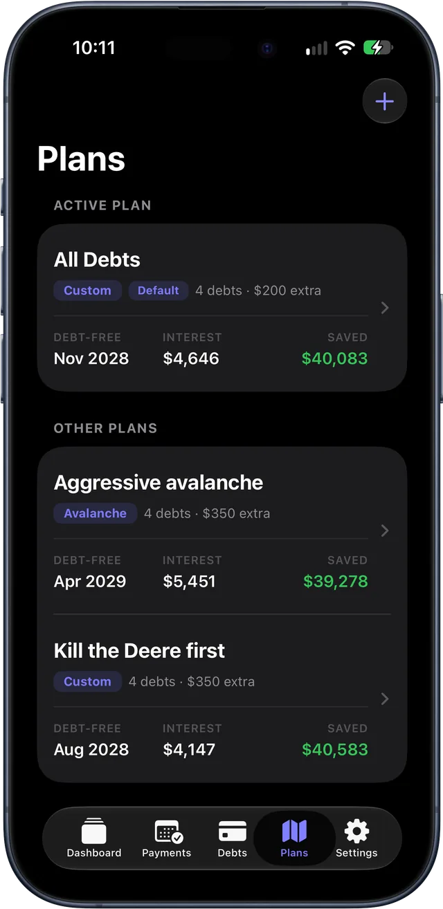 Plans list comparing the All Debts plan with an avalanche plan and a custom plan, each showing debt-free date, interest and savings
