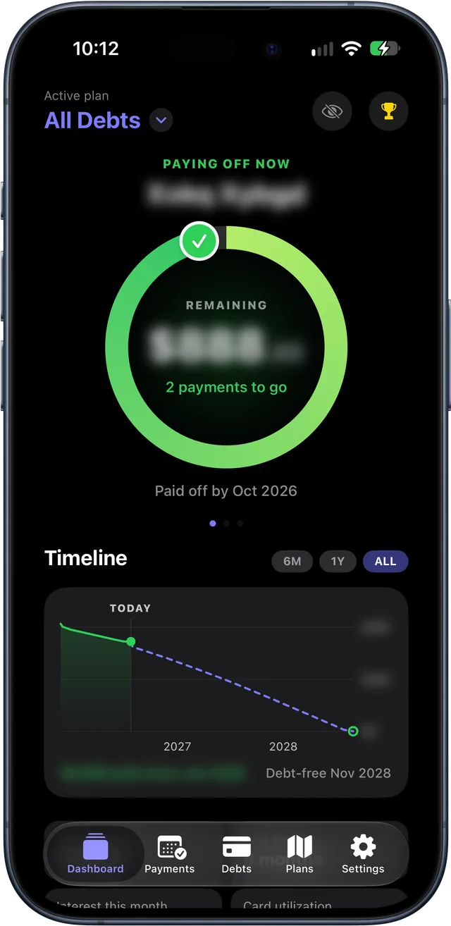 The dashboard with Privacy Mode on: debt names and balances are blurred while the progress ring and dates stay visible