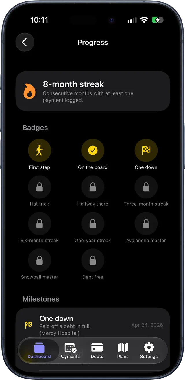Progress screen with an 8-month payment streak, earned badges and milestones