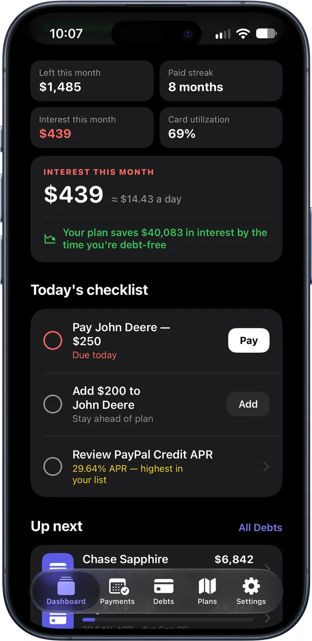 This month's interest of $439, about $14.43 a day, above today's checklist of payments and suggestions