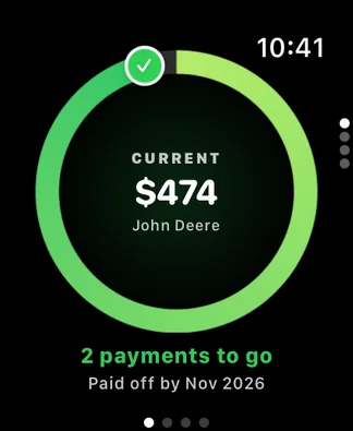 Apple Watch showing the debt being paid off now, John Deere, with $474 left and 2 payments to go