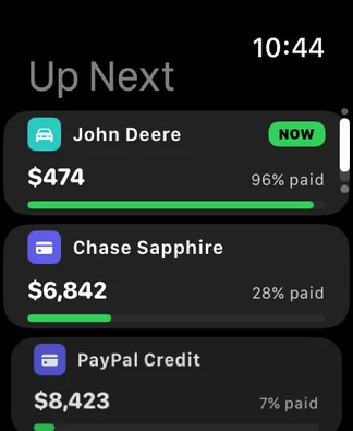 Apple Watch Up Next list: John Deere $474 paid off now, then Chase Sapphire $6,842 and PayPal Credit $8,423