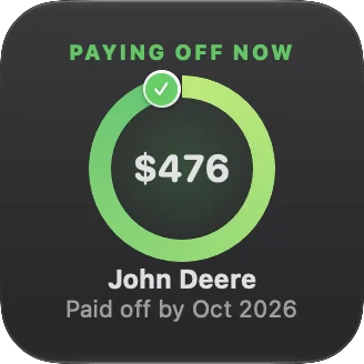 Focus widget: paying off John Deere now, $476 left, paid off by October 2026