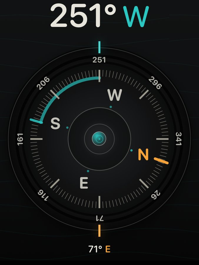 Heading readout of 251 degrees west above the compass dial with a bearing locked at 251 degrees and a reciprocal of 71 degrees east
